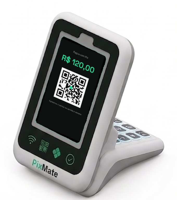 Terminal PixMate exibindo uma cobranca de R$ 120,00 por Pix, com QR Code para pagar por aproximacao ou camera