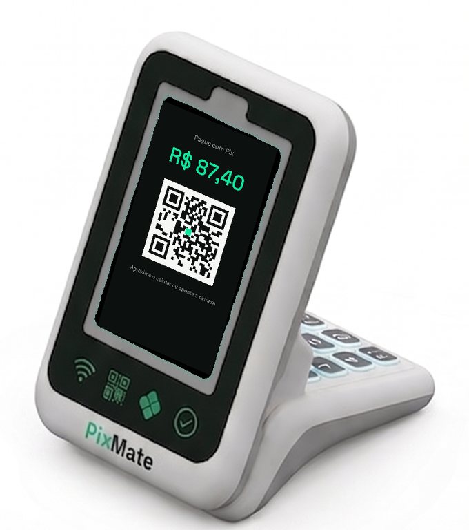 Terminal PixMate exibindo uma cobranca de emolumento de R$ 87,40 por Pix, com QR Code para pagar por aproximacao ou camera