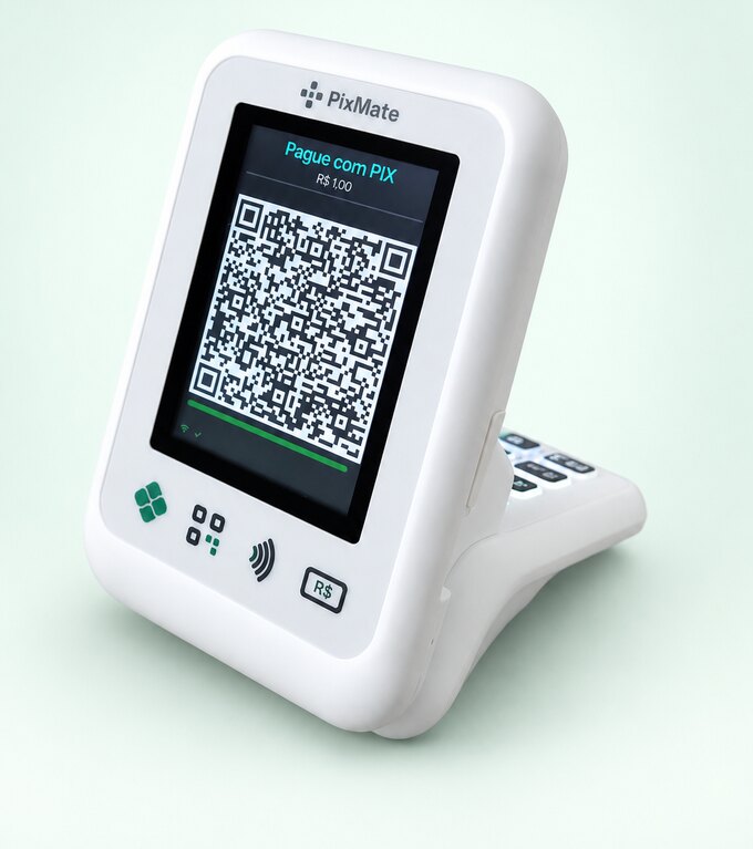 Terminal PixMate sobre a base, exibindo na tela a cobrança por Pix com o QR Code para o cliente escanear ou aproximar o celular